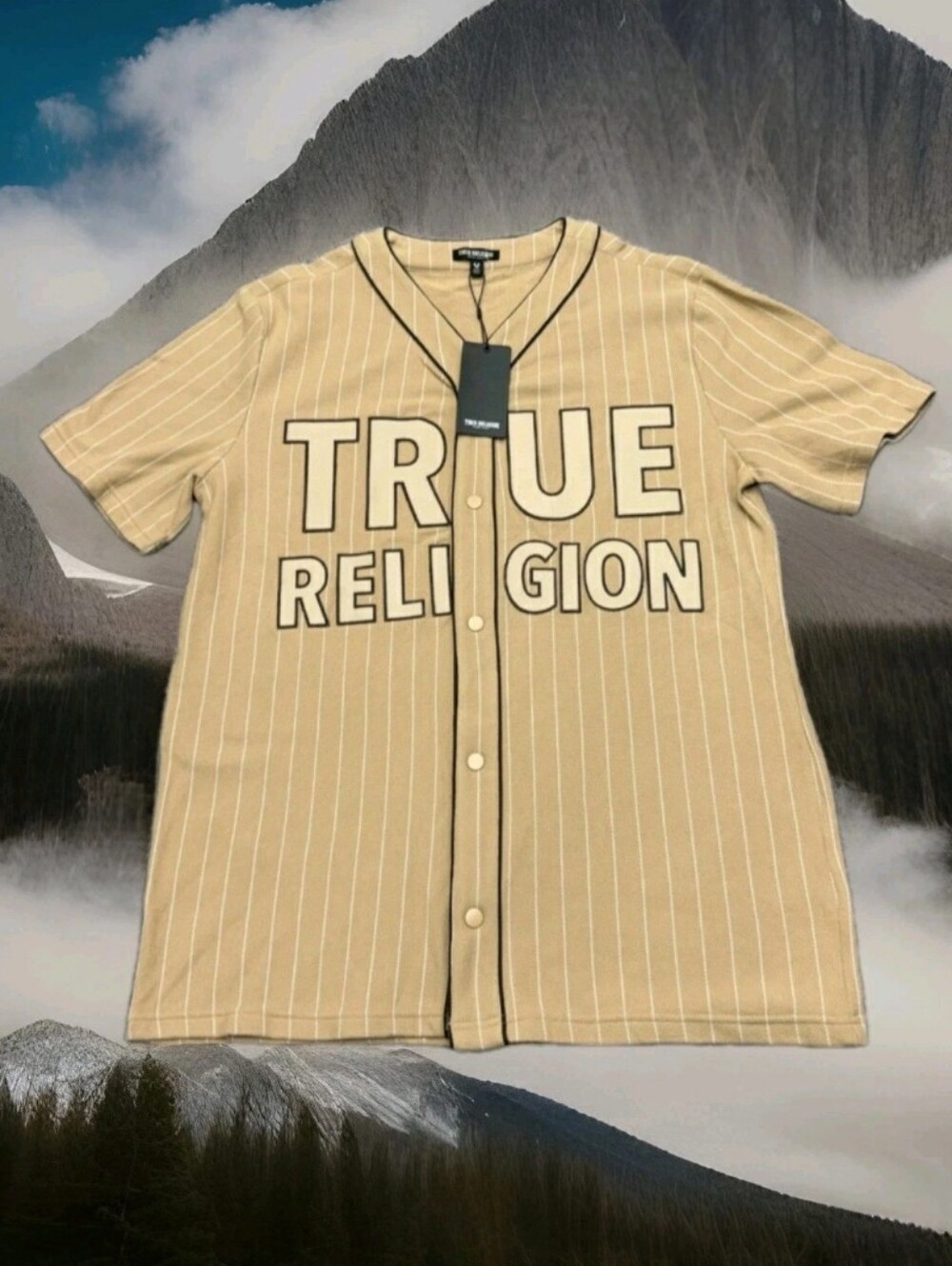 TRUE RELIGION: MEN'S LOGO BASEBALL JERSEY: BEIGE: SIZE: MEDIUM: BRAND NEW